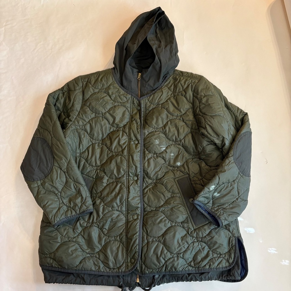 J.Crew Womens XL Olive Green Onion Quilted Hooded Utility Jacket Elbow Patches
